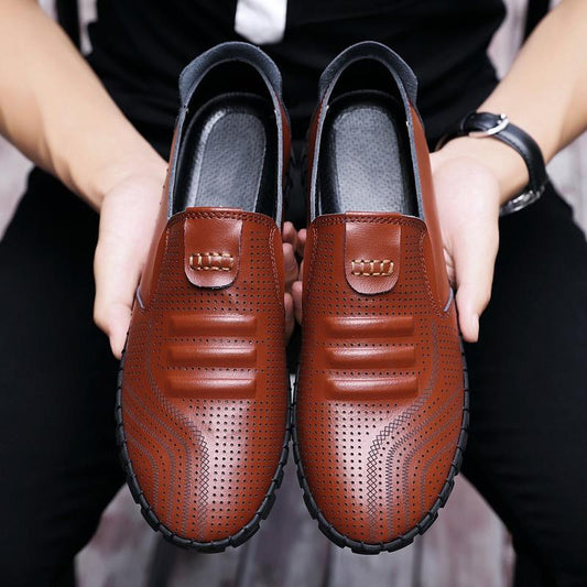 Men Summer Leather Shoes Breathable Hollow PU Shoes Slip on Soft Sole Casual Leather Shoes Comfortable Driving Shoes Leisure Round Toe Wear-resistant