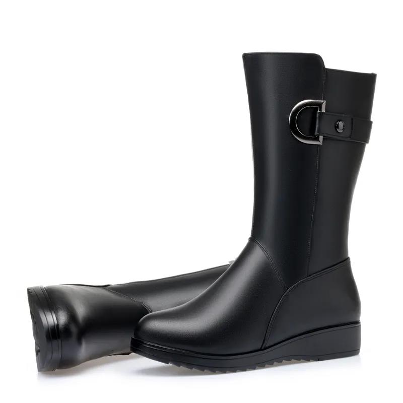 Mid-tube Boots Autumn Winter Women's Boots Plus Velvet Cotton Boots Flat-bottom Flat-heel Women's Shoes Mid-boots Middle-aged Leather Boots