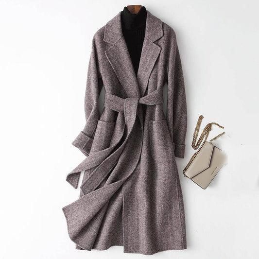 Cashmere Coat Elegant Long Women's Coat Lapel 2 Pockets Belted Jackets Coats Female Outerwear