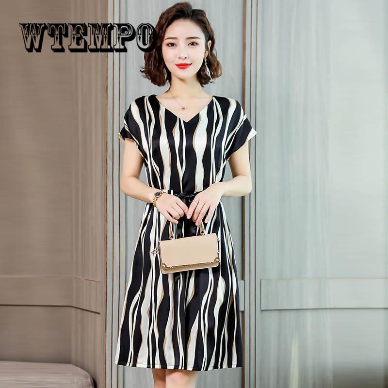 Simulation Silk Dress Female Long Short Sleeve Summer New Small Stripe Imitation Silk Print Dresses