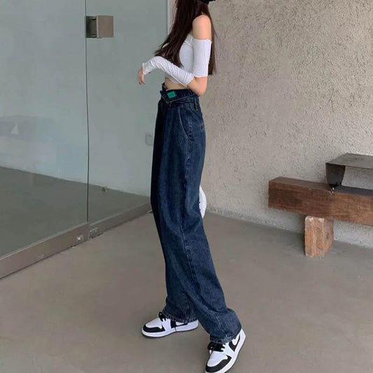 Dark Blue Jeans Female Spring and Autumn Straight High Waist Leaps Thin Pear Type Body Pants