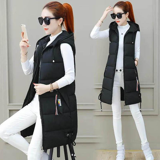 Down Cotton Vest Women's Long Hooded Korean Women's Cotton Vest Thick Coat