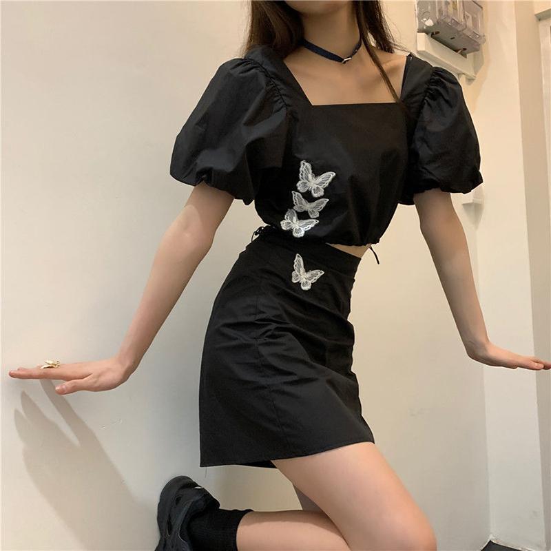 Black Butterfly 2 Pieces Ladies Suit Skirt Spring and Summer Short Sleeve Casual Vacation Office Home