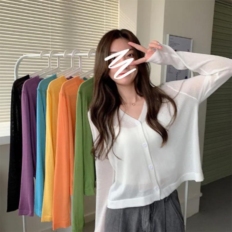 Thin Sunscreen Air Conditioning Cardigan Summer Korean Top Loose V-neck Long Sleeve Knit Women's Top