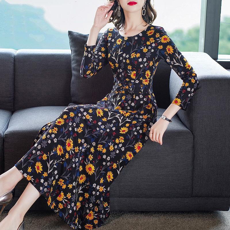 M-XXXXXL Plus Size Women Summer Printed Floral Over-the-knee Dress Round Neck Long Sleeve A-line Skirt
