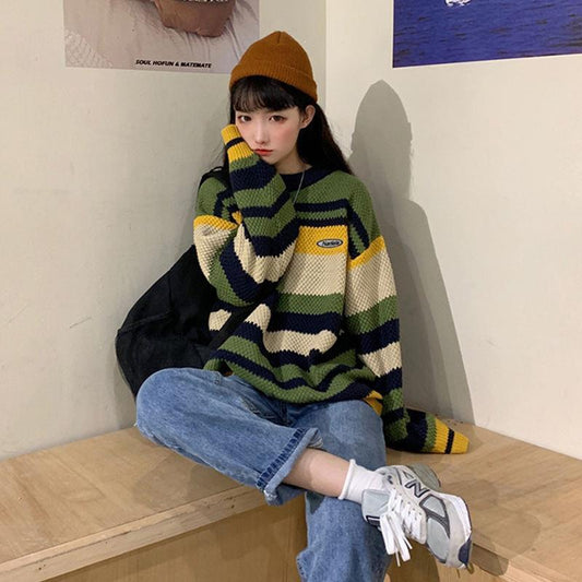 Autumn Winter Retro Casual Color Striped Sweater Female Student Loose Fashion Round Neck Long Sleeve Sweater Coat