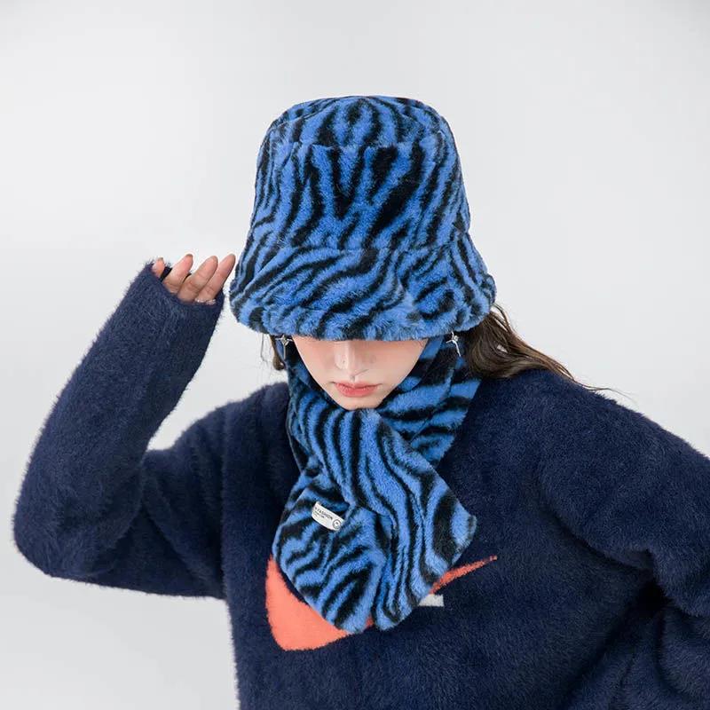 Women's Cold Proof Warm Scarf Hat Suit Thick Plush Zebra Pattern Bib Fisherman Hat Winter Hat Bucket Hats Vintage Hats Scarf Set