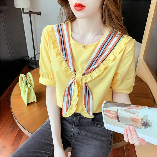Short Sleeve T-shirt Women's Summer Loose Round Neck Tie Bow All Match Top