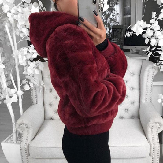 Women's Autumn and Winter Jacket Hooded Bunny Fur Grass Short Coat Female Long Sleeve Solid Color Warm