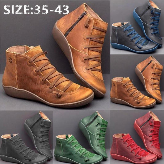 Women Casual PU Leather Ankle Boots Winter Warm Fur Lace Up Punk Boots