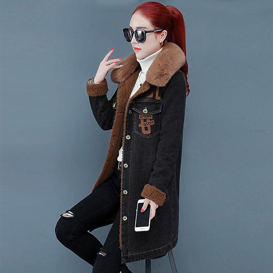 Autumn and Winter Denim Jacket Women Plus Velvet Thickening Slim Mid-length Denim Parka Coat Flocking Overcoat with Detachable Fur Collar