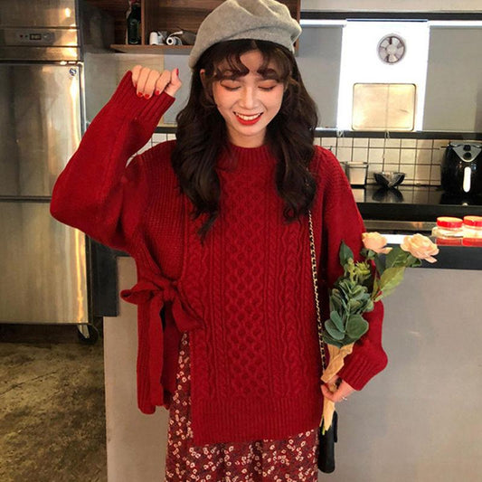 All-match Loose Autumn Winter Twist Sweater Knit Sweater Casual Female Students Long-sleeved Design Sense Split