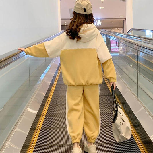 Girls Suit Spring and Autumn Korean Version Sports and Leisure Two-piece Set Letter Printing Pullover Long-sleeved Loose Color Matching Two-piece Set