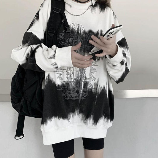 Personalized Tie-dye Printed Sweatshirt Women's Mid-length O-neck Loose Pullover Hoodies