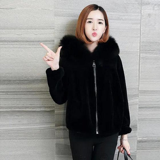 Women's Faux Fur Coat Winter Solid Color Hooded Zipper Short Jacket Female Large Size Casual Warm Coat