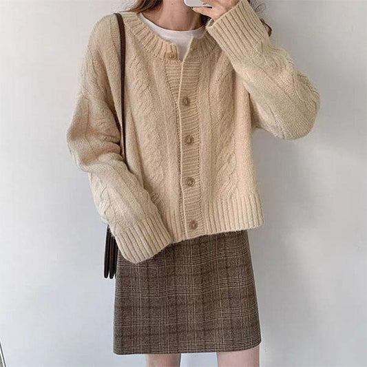 Soft Glutinous Cable Flower Loose Short Sweater Coat Female Twist Thick Needle Beige Knitted Cardigan Outer Wear