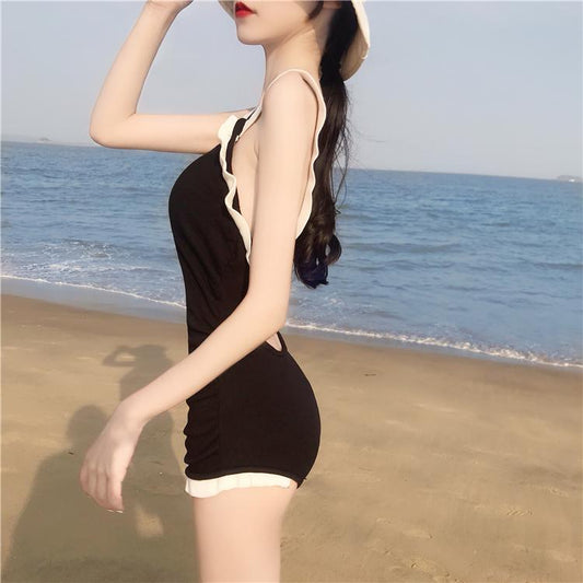 Sexy Backless Swimsuit Women Cover Belly Bikini Slim Swimwear Sleeveless Triangle One-piece Swimming Suit Suspender Lace Beachwear