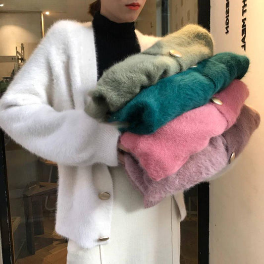 New Imitation Water Velvet Lazy Loose V-neck Net Red Sweater Knit Cardigan Button Coat Female