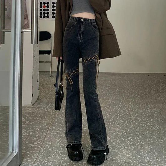 Tie High Waist Micro-horn Jeans Female Autumn and Winter New CHIC Slim Slimming Towards Straight Pants Pants