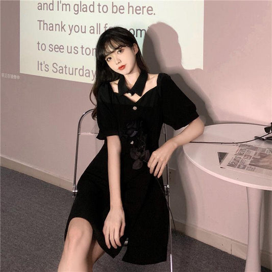 Black Sexy Dress Design Sense Niche Mid-length Split Dress Female Waist Waist Is Thinner, Black Lady A-line Version Dress Waist Waist Is Thinner