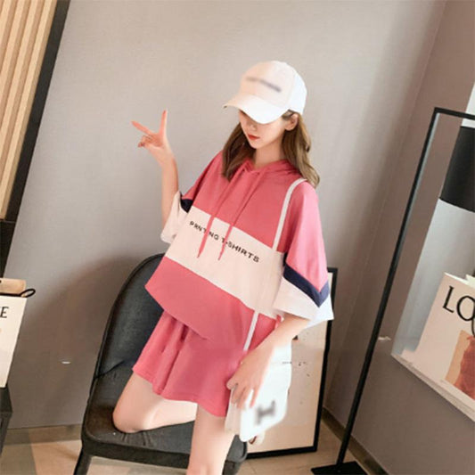 Casual Sportswear Suit Women's Summer Two-piece Short-sleeved Shorts Loose Summer Women's Stitching Hooded Set