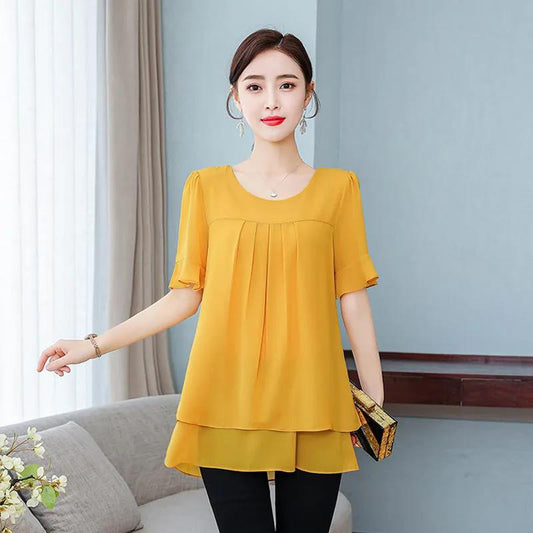 Women's Summer Chiffon Short Sleeve Large Size Round Neck Solid Color Loose T-Shirt