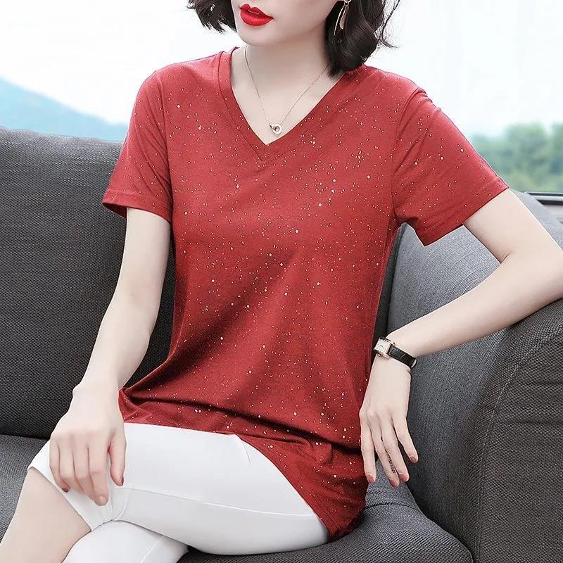 Women's Summer Short Sleeve Mid Length V-Neck Large Size Loose T-Shirt
