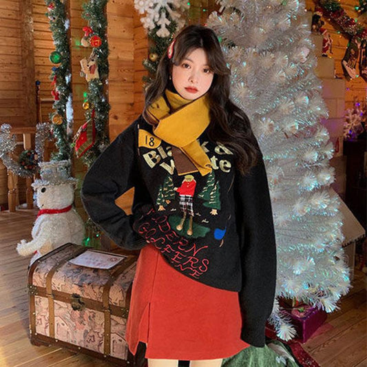 Christmas Sweater Women Fall Winter Retro Embroidery Pattern Pullover Sweater All-match Fashion Jacket Outer Wear