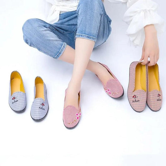 Middle-aged and Elderly Canvas Plaid Single Shoes Flat Shallow Mouth Cloth Shoes Breathable Comfortable Women's Shoes