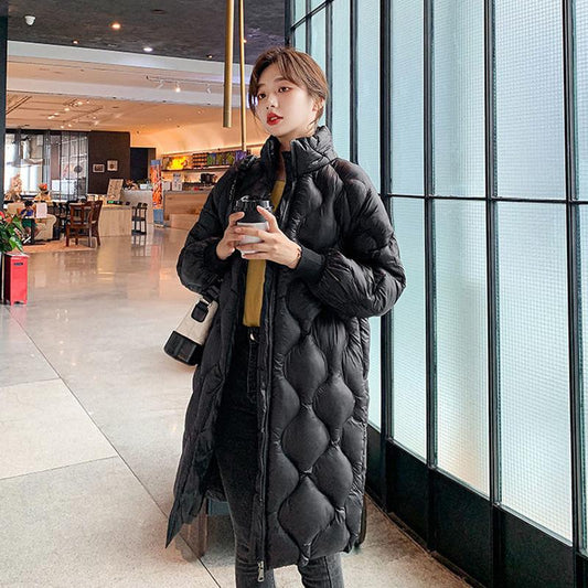 Women's Down Coat Mid-length Stand-up Collar Winter Bright Face Over-the-knee Cotton Coat