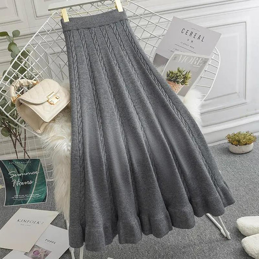 Autumn and Winter Knitted Half-length Woolen Skirt Women's Long Skirt Elastic High Waist A-line Twist Pleated Skirt Mid-length