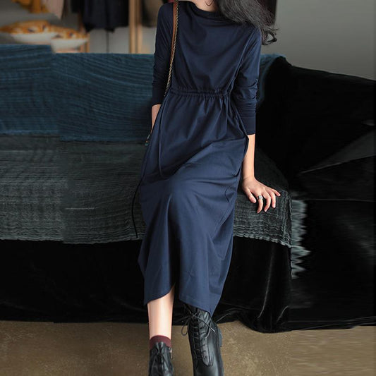Cotton Lace-up Long-sleeved Dress Women's Autumn 2021 New Loose and Versatile Literary Retro Half-high Collar Mid-length Dress