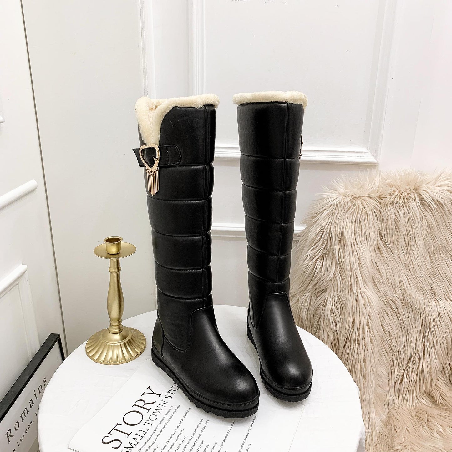Women's High Boots Winter Shoes Waterproof Snow Boots Flat Heel Warm Fur Boots Thigh High Botas Black White 34- 43 Size