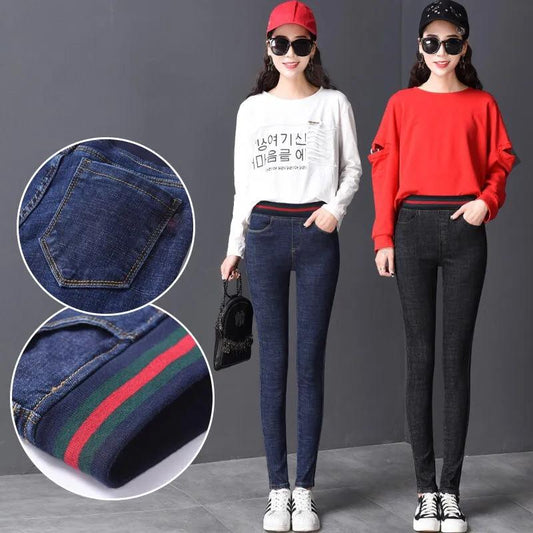 High Waist Stretch Faux Denim Trousers Women's long jeans Pencil Pants Black Skinny Pants All Match Solid Color