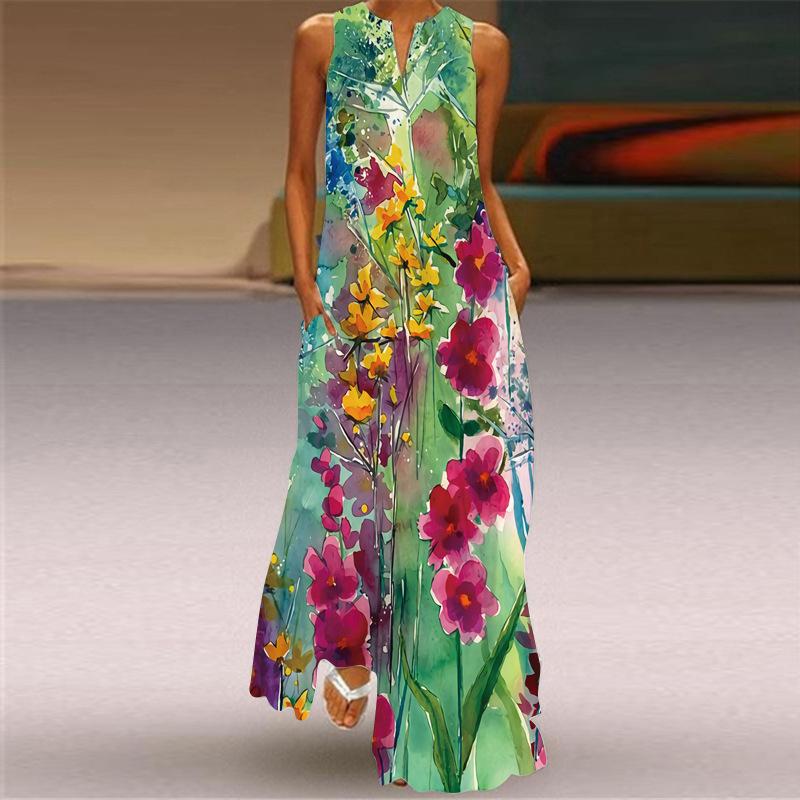 Summer Dress Women's Sleeveless Long Dress Boho V-neck Print Dress