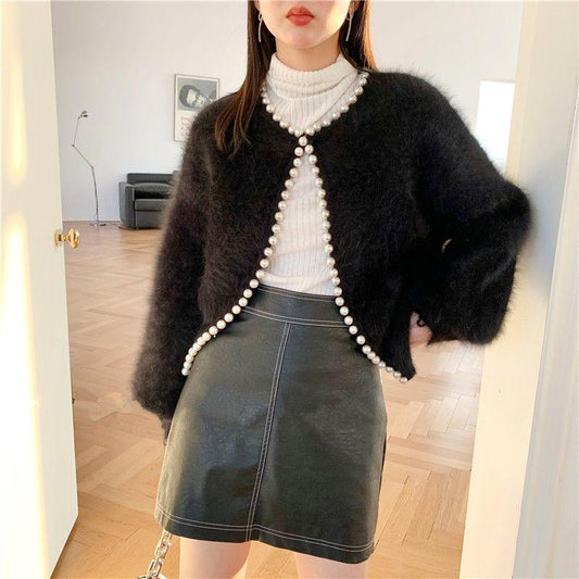 Women's Coat Cardigan Jacket Spring and Autumn Pearl Knitted Sweet Super Fairy Lantern Sleeve Imitation Mink Fleece Sweater