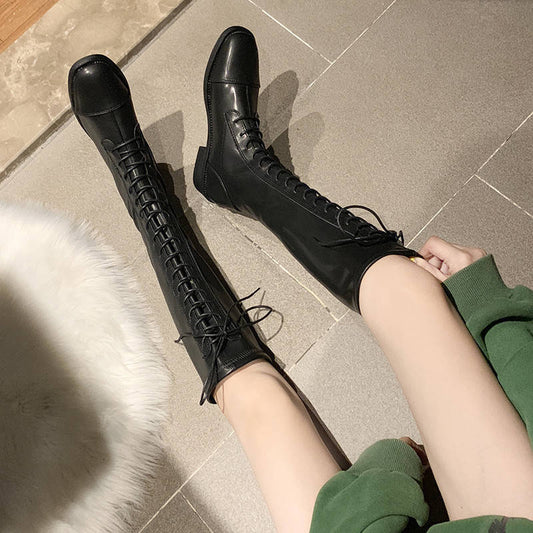 Lace Up Zipper High Boots Wear-resistant Non-slip Women Winter Boot Female British Leather Boots Knight Knee-length Cowboy Boots
