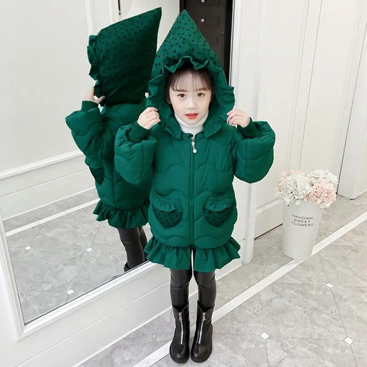 Girls' Cotton-padded Jacket Korean Version of Down Jacket Mid-length Winter Thickening Children's Cotton Jackets with Strawberry Hat