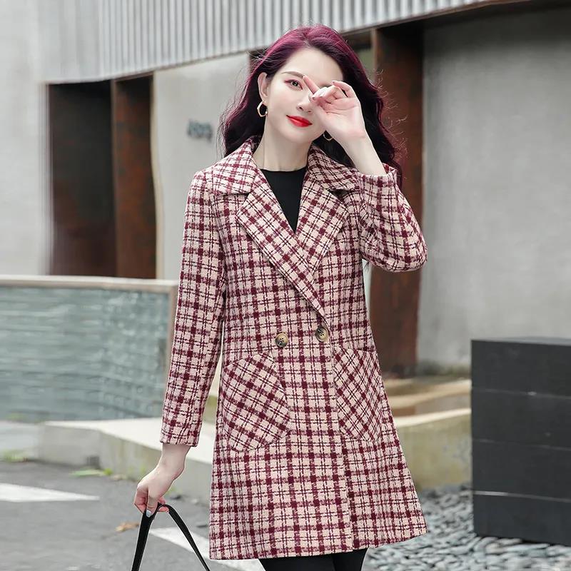 Coat Women's Spring and Autumn Plaid Woolen Coat Mid-length Slim Trench Coat