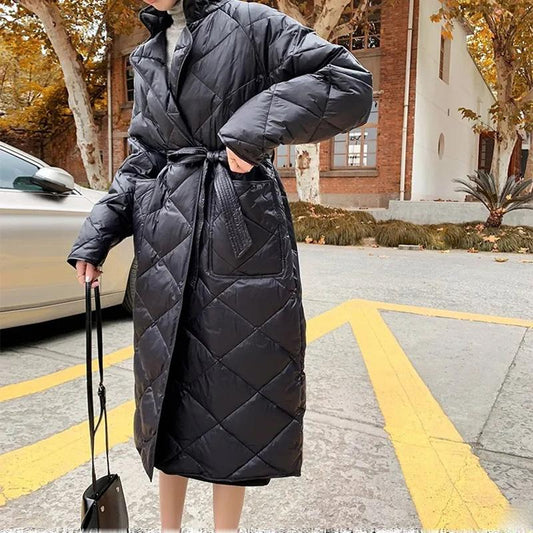 Casual Loose Argyle Hooded Parkas Women Fashion Solid Thick Long Coats Women Elegant Tie Belt Cotton Jackets Female Ladies
