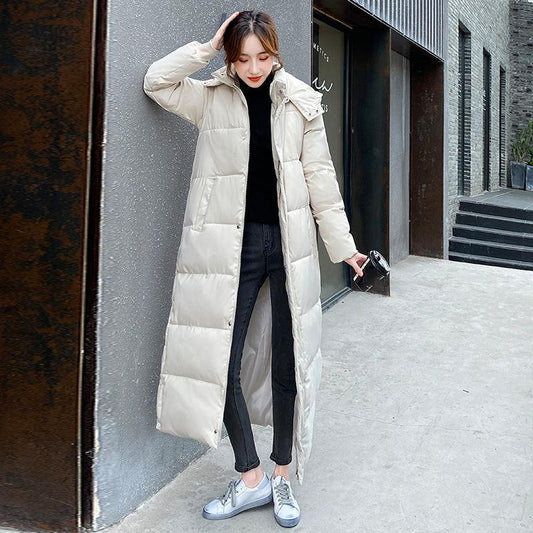 Stand-up Collar Hooded Down Jacket Padded Jacket Women Fall/winter Loose Padded Jacket Women Long Over-the-knee Padded Jacket Straight Slim Coat