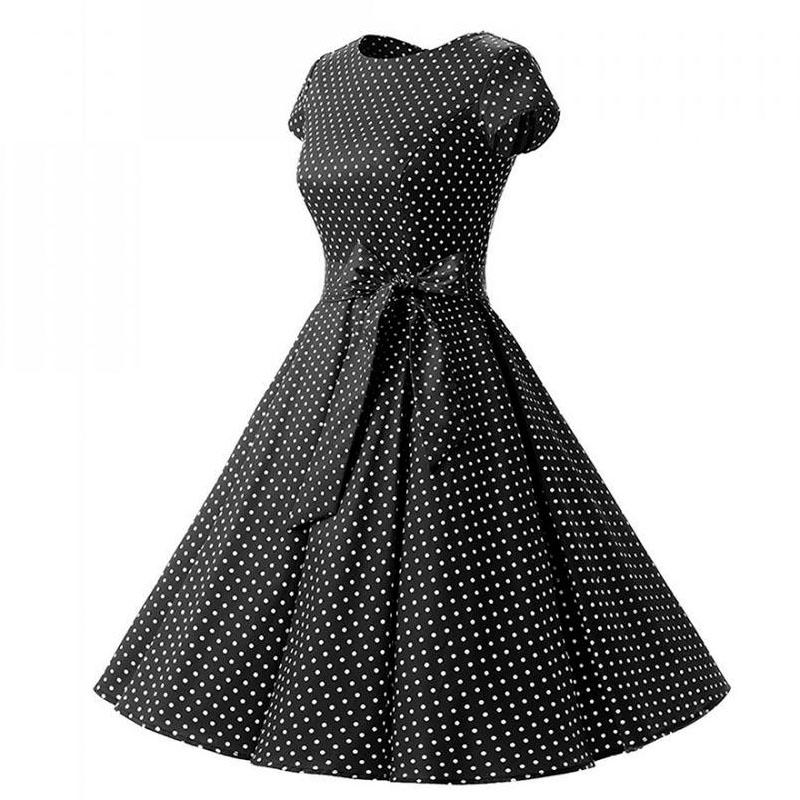 Women Vintage Retro Dot Printed Rockabilly Prom Dresses Cap-Sleeve With Belt
