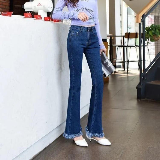 Slim Flared Denim Pants Women's Plus Size Denim Jeans Trousers Summer High Waist Sliming Fit Loose Tassel Denim Pants