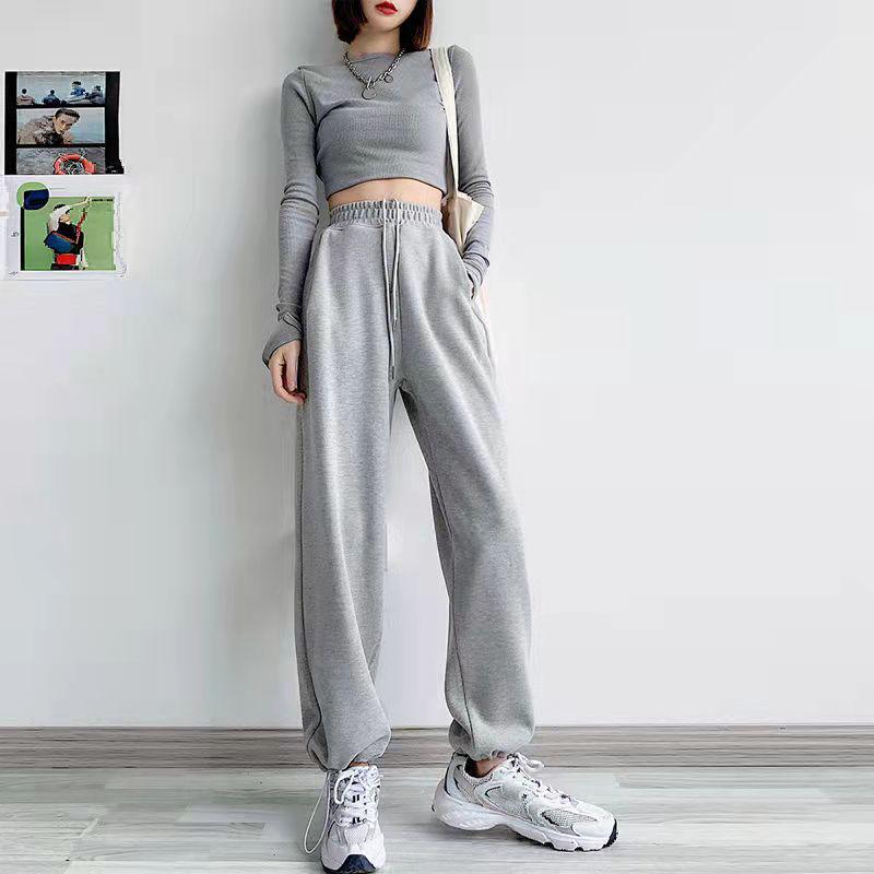 Women's Gray Sports Pants Autumn and Winter Leisure Loose Leggings Sweatpants Slim Straight All-match Wide-leg Pants Fitness Jogging Trousers