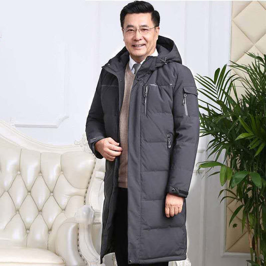 Down Jacket Men's Winter Long Section Over The Knee Thick Middle-aged and Elderly White Duck Down Warm and Cold Jacket