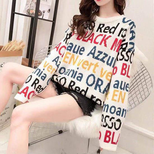 Chic Lady Letter Knitwear Crew Neck Loose Knitting Pullover Hit Color Jumper Sweater Top