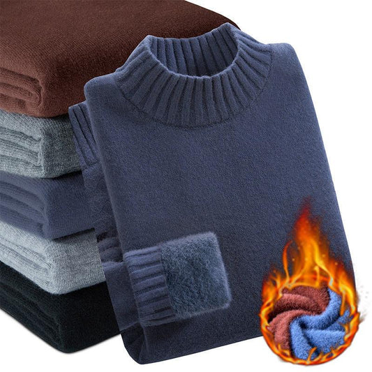 Autumn and Winter Half Turtleneck Sweater Men's Slim Plus Velvet Thick Pullover Sweater