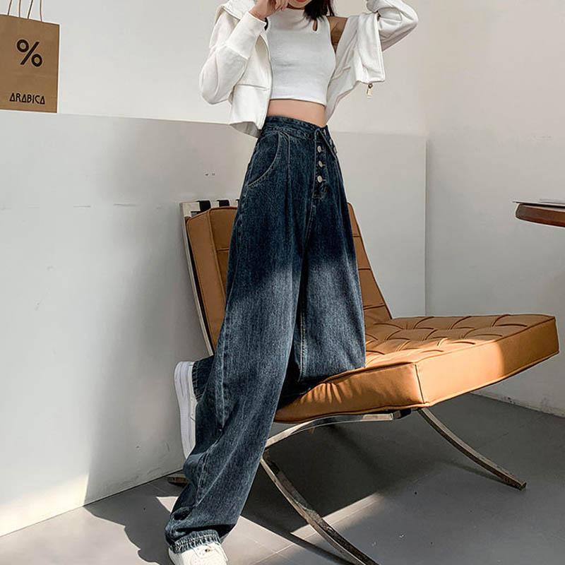 Blue Gray Plus Velvet High Waist Lepped Jeans Female Straight To Loose Design