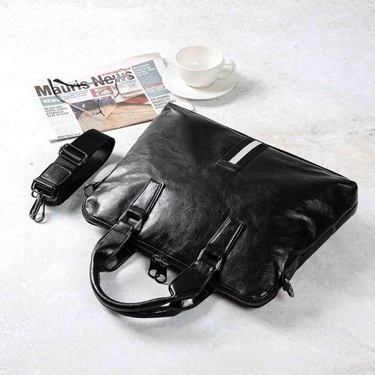 Business Briefcase Men Black Striped PU Leather Handbag Shoulder Diagonal Computer Bag