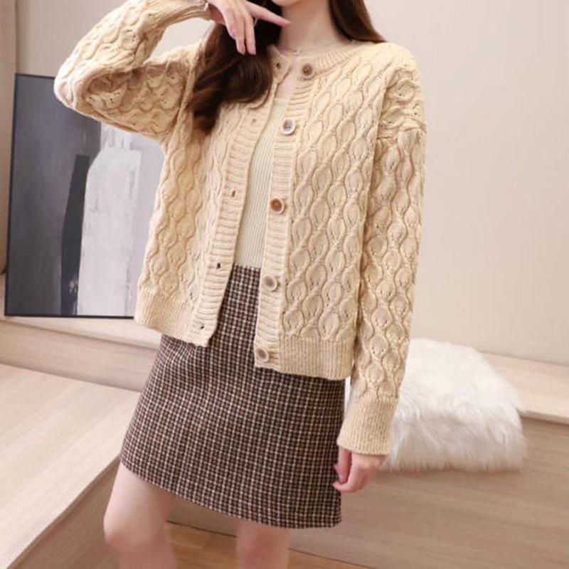 Autumn New Style Retro Design Button Twist Top Loose Short Long Sleeve Knitted Casual Sweater Cardigan Jacket Women